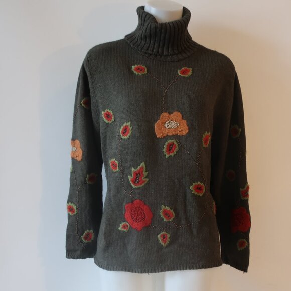 Womens Carlisle Olive Green Floral Silk Cotton Cashmere Turtleneck Sweater XL * - Picture 1 of 8